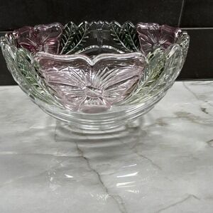 Crystal Clear Industries Rose Petals 6" round bowl.  Clear Pink Green Floral Art